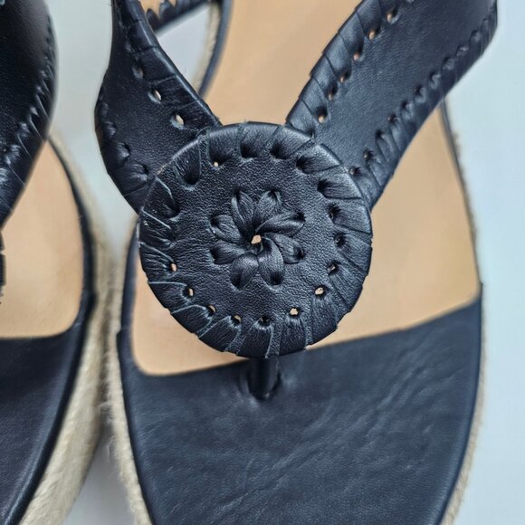 NEW Jack Rogers Rowan Wedge Women 11 Black Leather Thong Jute Sandal Espadrille - Picture 6 of 13